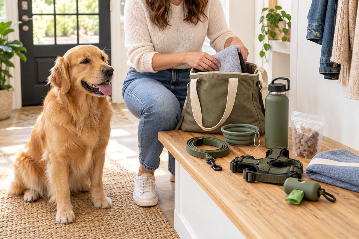 Dog day out essentials including water, a leash, waste bags, treats, and towels packed beside a golden retriever.