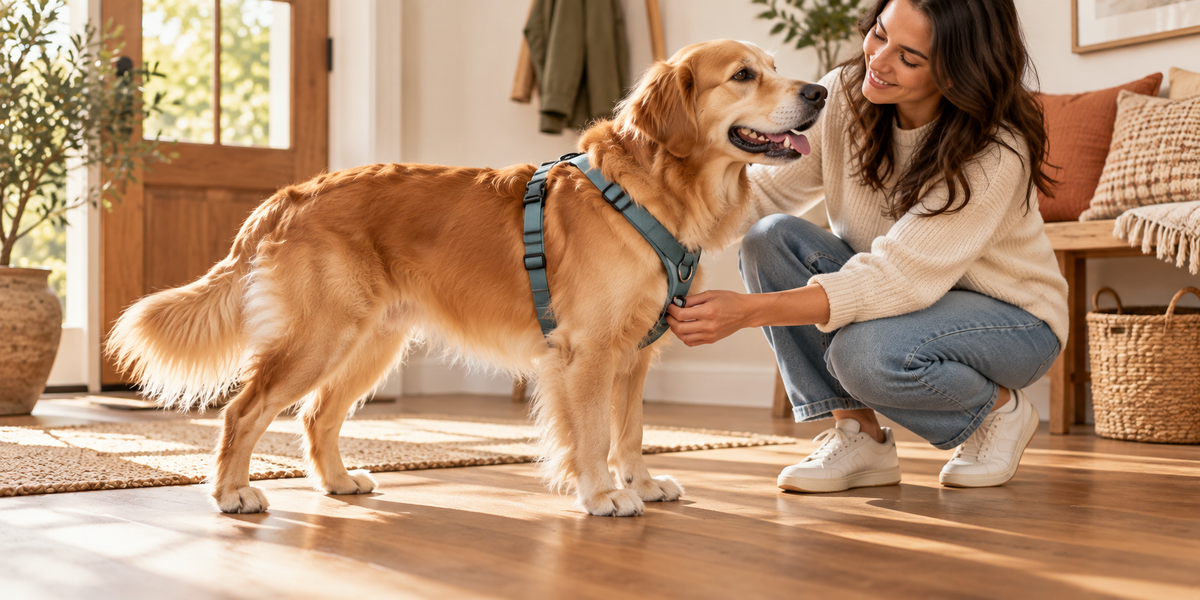 How to choose a dog harness: an owner checking a golden retriever’s harness fit before an everyday walk.