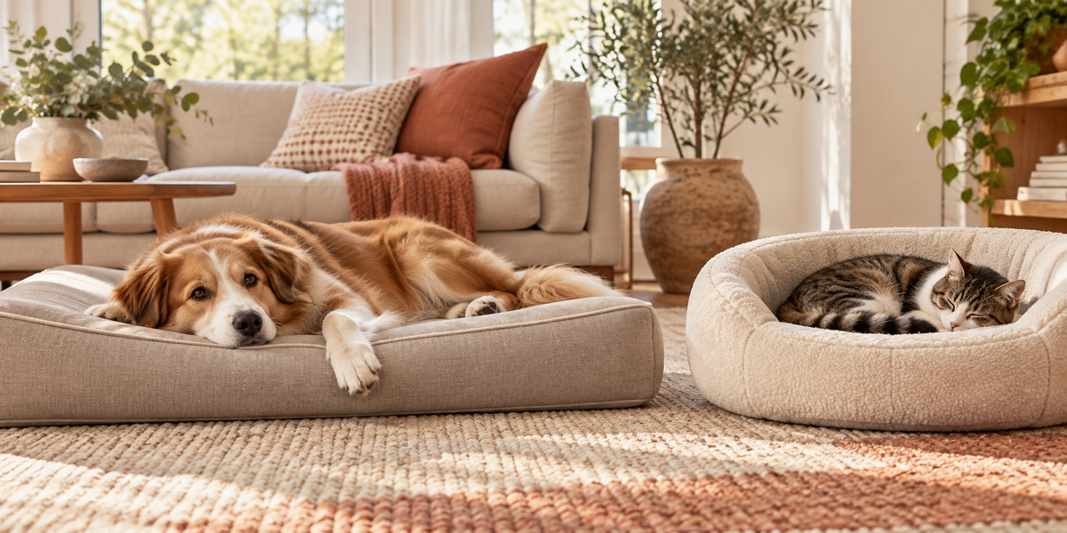 How to choose a pet bed: a dog stretching out and a cat curled up in separate beds